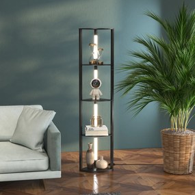 Candeeiro de pé com prateleiras de canto de 4 níveis, lâmpada LED com regulador de intensidade, 41 x 29,5 x 163,5 cm, preto