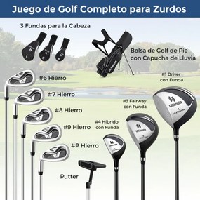 Conjunto de tacos de golfe para homens canhotos com bolsa e suporte #1 Driver #3 Fairway e #4 Híbrido com capas #6 7 8 9 #P Ferros e Putter Preto