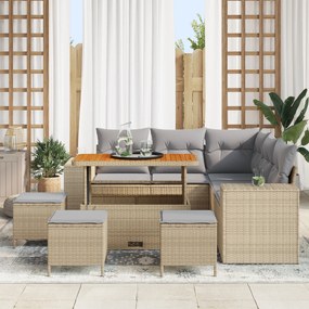 Conjunto de Sofá de Jardim vidaXL 9 Peças com Almofadas Bege Rattan Po