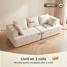 Sofá de 3 lugares em chenille, 248 cm, sofá de sala moderno, assento largo estofado, almofadas com molas, bege