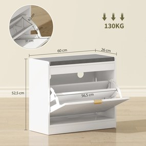Banco para Calçado, 60 x 26 x 52,5 cm, Assento Almofadado, Branco