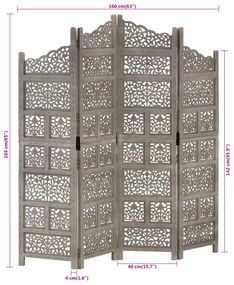 Biombo esculp mão 4 painéis 160x165cm mangueira maciça cinzento