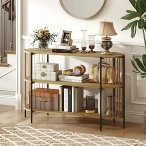 Mesa Consola com Corda de Papel Trançada à Mão Consola de Entrada de 3 Níveis com Estrutura de Aço Estilo Boémio 124x43,5x80 cm Madeira