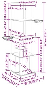 Árvore p/ gatos c/ postes arranhadores sisal 147cm cinza-escuro