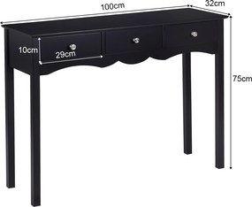 Secretária com 3 Gavetas, 100 x 32 x 75 cm, Multifuncional em MDF, Preto