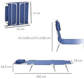 Espreguiçadeira de jardim reclinável e dobrável com orifício de leitura, apoio de cabeça e encosto ajustável em 5 níveis 182x56x24,5 cm azul