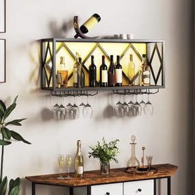 Garrafeira parede para vinho com luzes LED e 6 suportes para copos Capacidade para 39 garrafas e 12 copos para casa Bar 51 x 26,5 x 60 cm Castanho + P