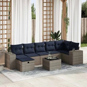 8 pcs conjunto sofás de jardim c/ almofadões vime PE cinzento