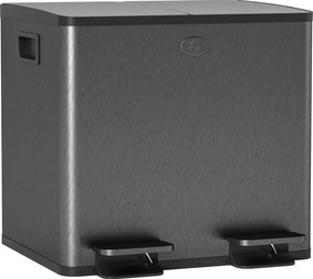 HOMCOM Caixote do Lixo de Cozinha em Aço Inoxidável com 2 Compartimentos 2x15L, Pedal, Tampas de Fecho Suave e Baldes Amovíveis - Preto | Aosom Portugal