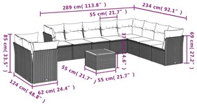 11 pcs conjunto sofás de jardim c/ almofadões vime PE preto