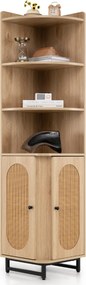 Armário de canto Rattan 172 CM Estante alta com 2 portas 4 prateleiras abertas Pernas ajustáveis Poupança de espaço Pernas ajustáveis Natural