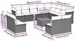 13 pcs conjunto sofás p/ jardim c/ almofadões vime PE cinzento