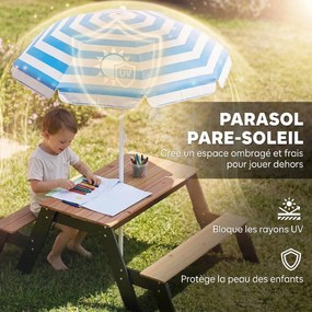Mesa de piquenique infantil com guarda-sol, conjunto de jardim 3 em 1 em madeira para crianças dos 3 aos 6 anos com 2 caixas, natural