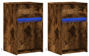 Mesas cabeceira c/ LEDs 2 pcs derivados madeira carvalho fumado