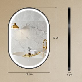 Espelho de casa de banho com iluminação LED 50 x 70 cm, espelho luminoso de parede para casa de banho com interruptor tátil, luz com 3 cores preto
