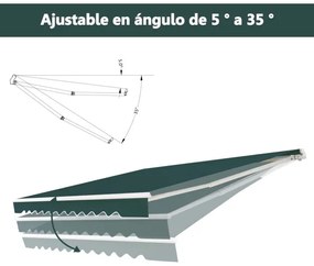 Toldo retrátil 3,6 x 3 m em alumínio com manivela e poliéster impermeável para exterior Verde