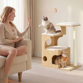 Arranhador Gatos de 88 cm, amarelo amêndoa, com caverna e tapete de sisal amarelo amêndoa