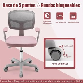Cadeira de escritório infantil com encosto em malha, almofada removível e rodas 360° com travão para 3-10 anos, altura ajustável, cor rosa