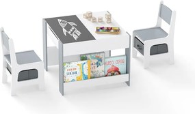 Conjunto de mesa e cadeira para crianças 4 em 1 Mesa de atividades para crianças com painéis dupla face e prateleiras laterais 2 cadeiras Branco + Cin