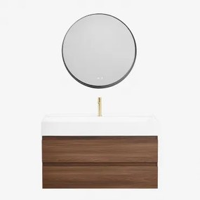 Conjunto De Móvel De Casa De Banho Em Madeira E Chapa De Freixo Com Lavatório Integrado Ona Madeira Escura & Redondo Led - Sklum