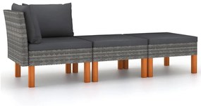vidaXL 3 pcs conj. lounge jardim vime PE e madeira de eucalipto maciça