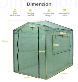 Estufa de jardim portátil com 2 janelas Portas de persiana com fecho de correr duplo à frente e atrás 180 x 250 x 230 cm Verde