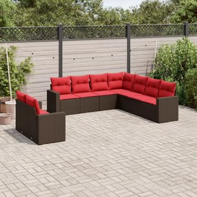 vidaXL 9 pcs conjunto sofás p/ jardim c/ almofadões vime PE castanho