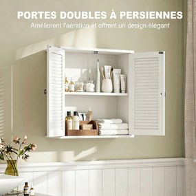 Armário de parede para casa de banho 51 (L) x 18 (P) x 61 (A) cm, móvel suspenso de arrumação com 2 portas com persianas e prateleira ajustável, branc