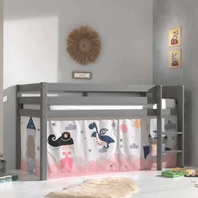 Cama alta de Criança PINO 90 x 200 cm + estrado + escada + cortina Princesa Cinzenta