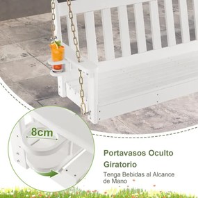 Banco de baloiço de 2 lugares em HDPE com correntes de segurança ajustáveis ​​e porta-copos oculto Carga 320kg 137 x 66 x 61 cm Branco