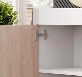 Aparador Elma de 135cm com Luz LED - Branco Mate/Carvalho - Design Mod