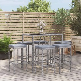 7 pcs conjunto de bar p/ jardim c/ almofadões vime PE cinzento