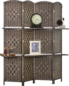 Biombo Separador de Ambientes 4 Painéis 160x170 cm com 2 Prateleiras Dobrável de Fibra de Papel Castanho