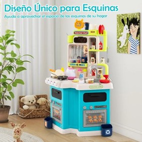 Cozinha de brincar para crianças de canto com luzes e sons realistas Fogão com vapor Pia de brinquedo e 113 acessórios Azul