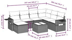 8 pcs conjunto sofás de jardim c/ almofadões vime PE castanho