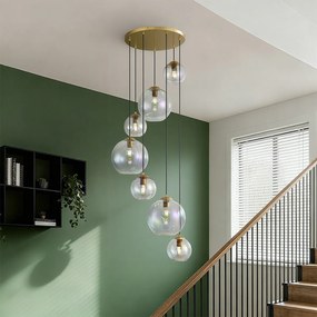 Candeeiro suspenso Art Deco dourado com vidro arco-íris 7 luzes - Sandra