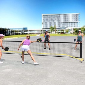 Rede de Pickleball Portátil Sistema de Rede de Pickleball com dimensões regulamentares de 674,5 cm, com 6 rodas bloqueáveis e estrutura metálica Preto