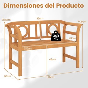 Banco jardim Exterior em Madeira de Acácia 118 x 50 x 78,5 cm para 2 Pessoas com Encosto e Apoios de Braços Circulares Capacidade 360 kg para Varanda,