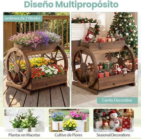 Floreira de plantio rústica em madeira 61,5 x 55 x 62 cm, canteiro elevado de 2 níveis com 3 compartimentos de cultivo e orifícios de drenagem Castanh