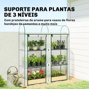 Estufa Pequena de 3 Níveis 2 Portas Enroláveis Estrutura de Aço Cobertura de Plástico 143x46x164 cm Transparente