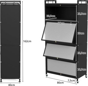 Armário de cozinha 80,5 x 40 x 162 cm de 5 níveis metálico com 4 portas batentes Prateleira com rodas para micro-ondas Preto