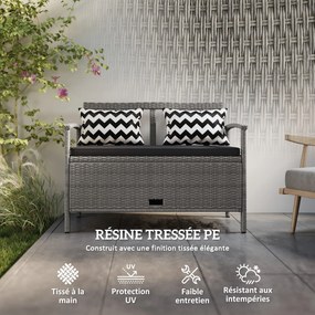 Banco de jardim 112 x 62 x 82 cm de 2 lugares com arrumação de 160 L em rattan PE, com almofada e 2 travesseiros, , cinzento