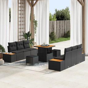 Conjunto de Sofá de Jardim de 9 Peças com Almofadas Preto Polirattan A