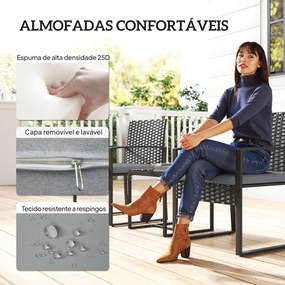 Conjunto de Móveis de Jardim de 3 Peças em Vime PE com Cadeiras Mesa de Vidro Temperado e Almofadas Cinza Claro