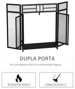 Frente de Lareira Dobrável Frente para Lareira com 3 Painéis com Porta Dupla e Pés Adicionais Estrutura de Metal 120x11,5x79cm Preto