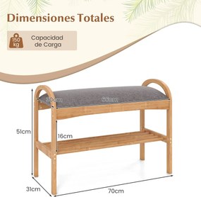 Banco para sapatos em bambu 70 x 31 x 51 cm com 2 níveis com almofada acolchoada e prateleira – ideal para a entrada, corredor, sala de estar e quarto