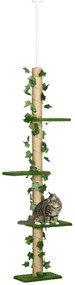 PawHut Árvore para Gatos do Chão ao Teto 37x21x202-242 cm Torre Arranhador para Gatos com Altura Ajustável 4 Plataformas de Relva Artificial Folhas Artificiais e Poste de Juta Verde