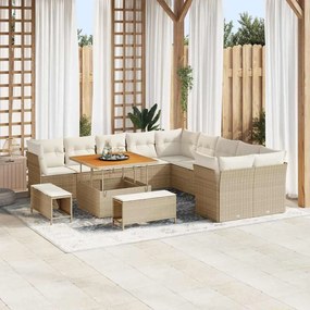 Conjunto de Sofá de Jardim de 13 Peças com Almofadas Bege Vime Sintético Acácia