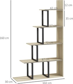 Estante-biblioteca divisória de ambientes em estilo industrial 102 x 30 x 160 cm, em forma de escada, com 5 prateleiras, cor carvalho