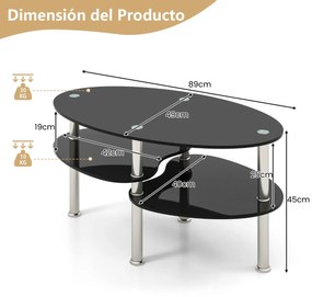 Mesa de centro para sala de jantar para sala de estar em vidro temperado com 3 camadas de arrumação 89 x 51 x 45,5 cm Preto